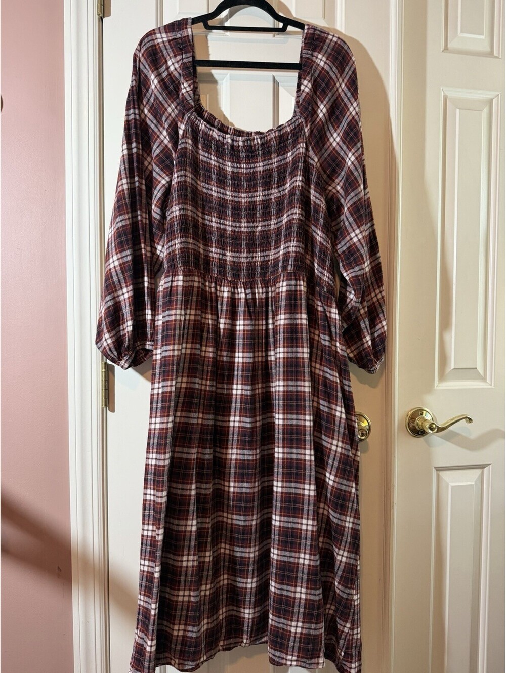 Lane Bryant Plaid Smocked Square Neck Midi Dress Plus 26/28 Lined Pockets